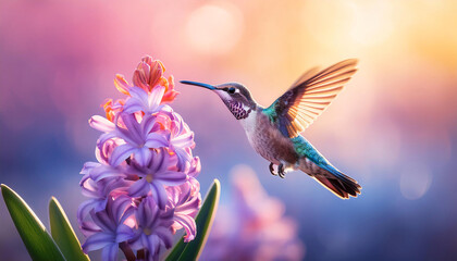 Fototapeta premium A delicate hummingbird hovers near a lush purple hyacinth, its iridescent feathers shimmering brilliantly in the gentle morning light, capturing the essence of nature's beauty