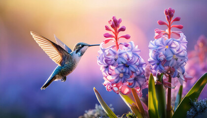 A dazzling hummingbird hovers delicately by colorful purple hyacinths, its metallic feathers shimmering against a soft pastel background during golden hour