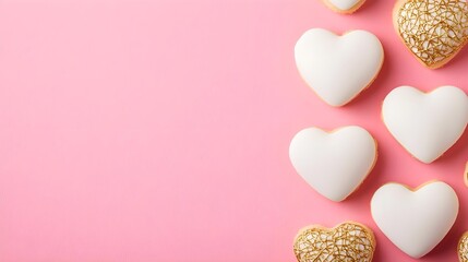 Fototapeta premium pink background with white & gold heart cookies - flat lay photography