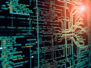 Abstract digital circuit board with glowing lines and data streams, representing technology, innovation, and advanced computer systems in a futuristic setting.