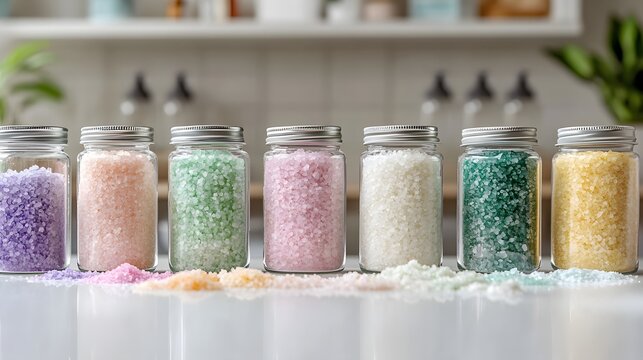 A set of colorful bath salts in glass jars, lined up on a white countertop