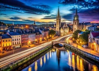 Obraz premium Long Exposure Photography of Cork City Center at Night, Ireland