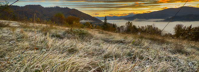 The landscape of Carpathian Mountains in the sunny weather. Perfect weather condition in the autumn season