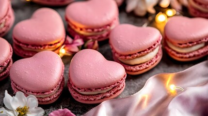 Obraz premium pink heart macarons, valentine's day sweets - valentine's day