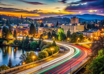 Fototapeta premium Long Exposure Photography: Vibrant Eugene, Oregon Cityscape at Night