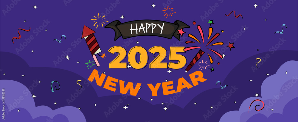 Fototapete happy new year 2025 banner with illustration of firework exploding and text