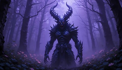 Fototapeta premium The Dark Lord of the Purple Forest: A Digital Painting of a fearsome demon in a mystical woodland