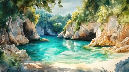Fototapeta premium A serene watercolor depicting a tranquil coastal landscape with lush greenery and clear water.