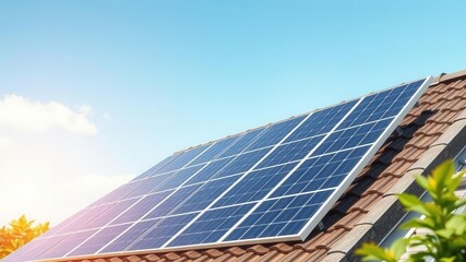 Fototapeta premium Solar Panels on Roof Against Clear Blue Sky with Sunlight Reflection, Modern Sustainable Energy Solution for Environmentally Friendly Homes and Buildings