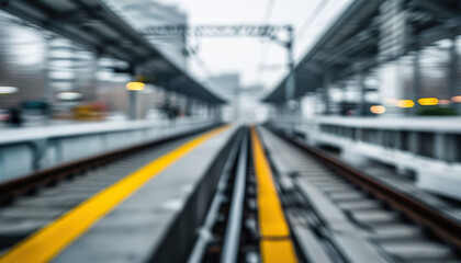 Fototapeta premium Blurred image of railway tracks with yellow safety surface going into the distance. Travel, logistics, rail transport or urban studies theme.