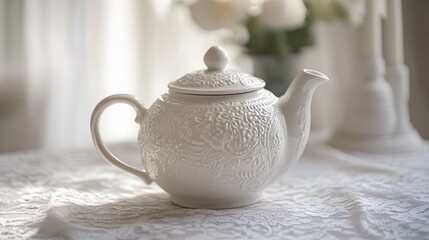 A white ceramic teapot with intricate designs, resting on a white lace tablecloth