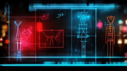 a shaman in neon light sketch design,  whimsical bizarre illustration artful design, unique colorful and grungy texture