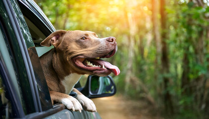 Joyful Pit Bull Relishing a Forest Trail Drive with Head Out the Window