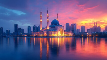 Fototapeta premium Stunning sunset view of a grand mosque reflecting in a calm lake, surrounded by city lights. Peaceful and beautiful.