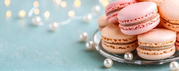 Obraz premium pink macarons & pearls: elegant dessert - pastel colors