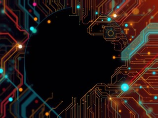 Abstract digital circuit board design with vibrant colors featuring a black circular space, ideal for technology, innovation, or futuristic themes in visual content.