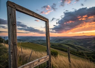 Fototapeta premium Long Exposure: Serene Hillside View Through Wooden Frame - Peaceful Landscape Photography