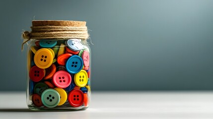 A clear glass jar filled with colorful buttons, placed on a white table