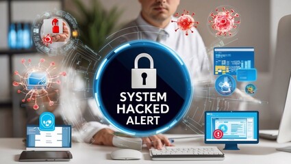 System hacked alert. Scam alert, software warning fraud, cyber security. Hacker detection cyber attack on computer network, virus, spyware, malware, malicious software and cybercrime.