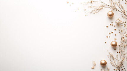 Fototapeta premium A minimalistic top-view New Year banner design with a clean white background. Golden confetti scattered delicately along the edges and a few small, metallic balloon ornaments create a subtle festive