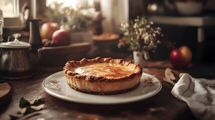 A freshly baked apple pie resting on a white plate with a golden crust