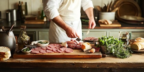 Rustic Kitchen with Chef Preparing Fresh Charcuterie, Meat, Bread, and Herbs
