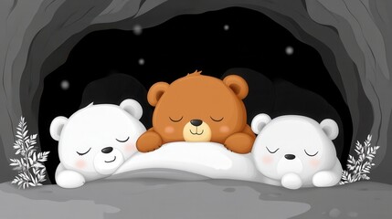 Three cute bears sleeping soundly in a cave.