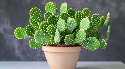 A vibrant green cactus in a small terracotta pot, placed on a white table