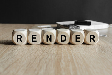 Writing the word REDNER on wooden cubes. Beautiful wooden table, black background. Business concept.