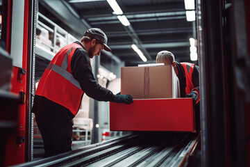 Obraz premium Postal workers unloading packages from a truck in a busy logistics center.