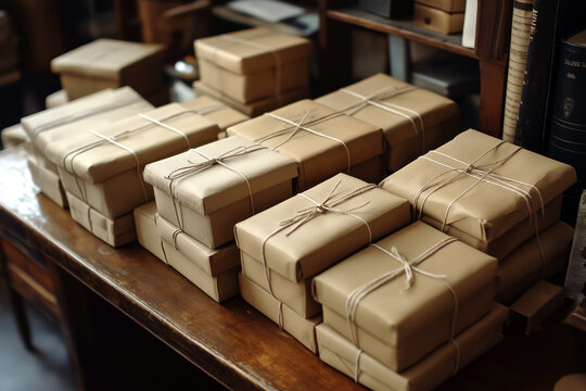 Stacks of neatly arranged brown packages tied with string on a wooden desk.