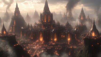 Fototapeta premium Fiery, gothic city burning in a dark, hazy landscape.