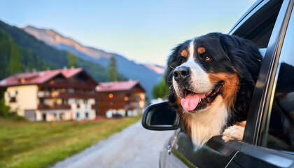 Joyful Bernese Mountain Dog Enjoying a Scenic Car Ride