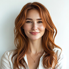 Fototapeta premium Happy young woman with long red hair and natural makeup smiling