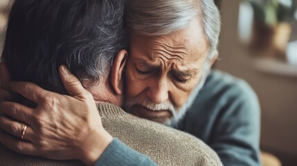 Fototapeta premium A sad elderly man being reassured by a female doctor, showcasing compassion in a private consultation room