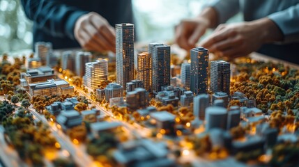 Construction Team Discussing Architectural Model of Future Urban Development. Generative AI