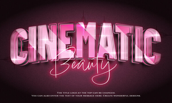 &rdquo;Cinematic Beauty&rdquo; Editable title logo text style effect in pink glowing glass neon, sans serif typeface

