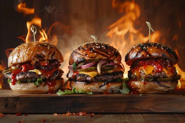 Three Delicious Burgers with Flame Background