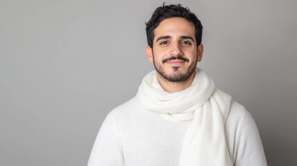 Fototapeta premium man wearing white scarf smiles warmly against grey background, exuding confidence and style