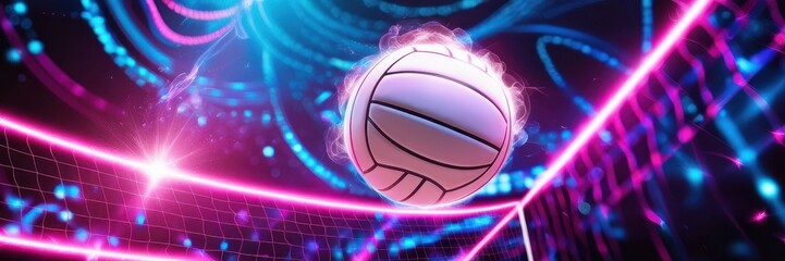 A glowing neon volleyball and volleyball net against futuristic digital background. Website banner copy space for text