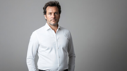 Obraz premium man in white dress shirt stands confidently against grey background, exuding professionalism and poise
