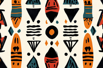 A tribal-inspired pattern with bold, earthy-colored shapes, white background