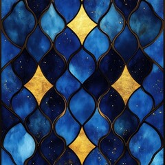 An intricate stained glass design featuring vibrant blues and shimmering gold accents, creating a mesmerizing pattern.
