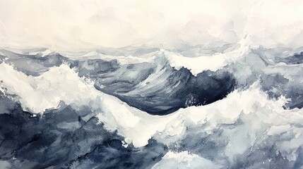 Obraz premium A serene watercolor painting of rolling ocean waves in soft blue and white hues.