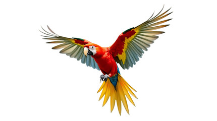 Fototapeta premium Scarlet Macaw Parrot Flying Isolated on a Transparent Background (PNG).