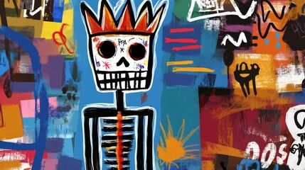 Obraz premium skeleton man on bright colorful background, funny sketch paint whimsical bizarre illustration artful design, unique colorful and grungy texture