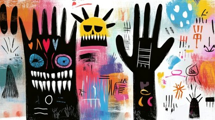 black monster sharp teeth, funny sketch paint whimsical bizarre illustration artful design, unique colorful and grungy texture