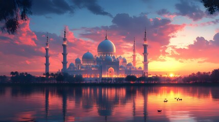 Fototapeta premium Stunning sunset view of the majestic grand mosque. Peaceful reflection on the water.