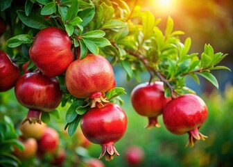 Obraz premium Low Light Pomegranate Branch - Juicy Red Fruits & Lush Green Leaves
