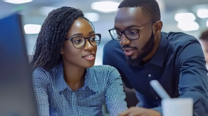 A team of young business professionals collaborating on digital marketing strategies in an open office space